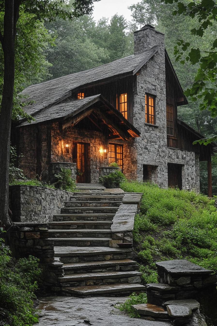 modern rustic stone and wood cottage house in deep mountain forest 3