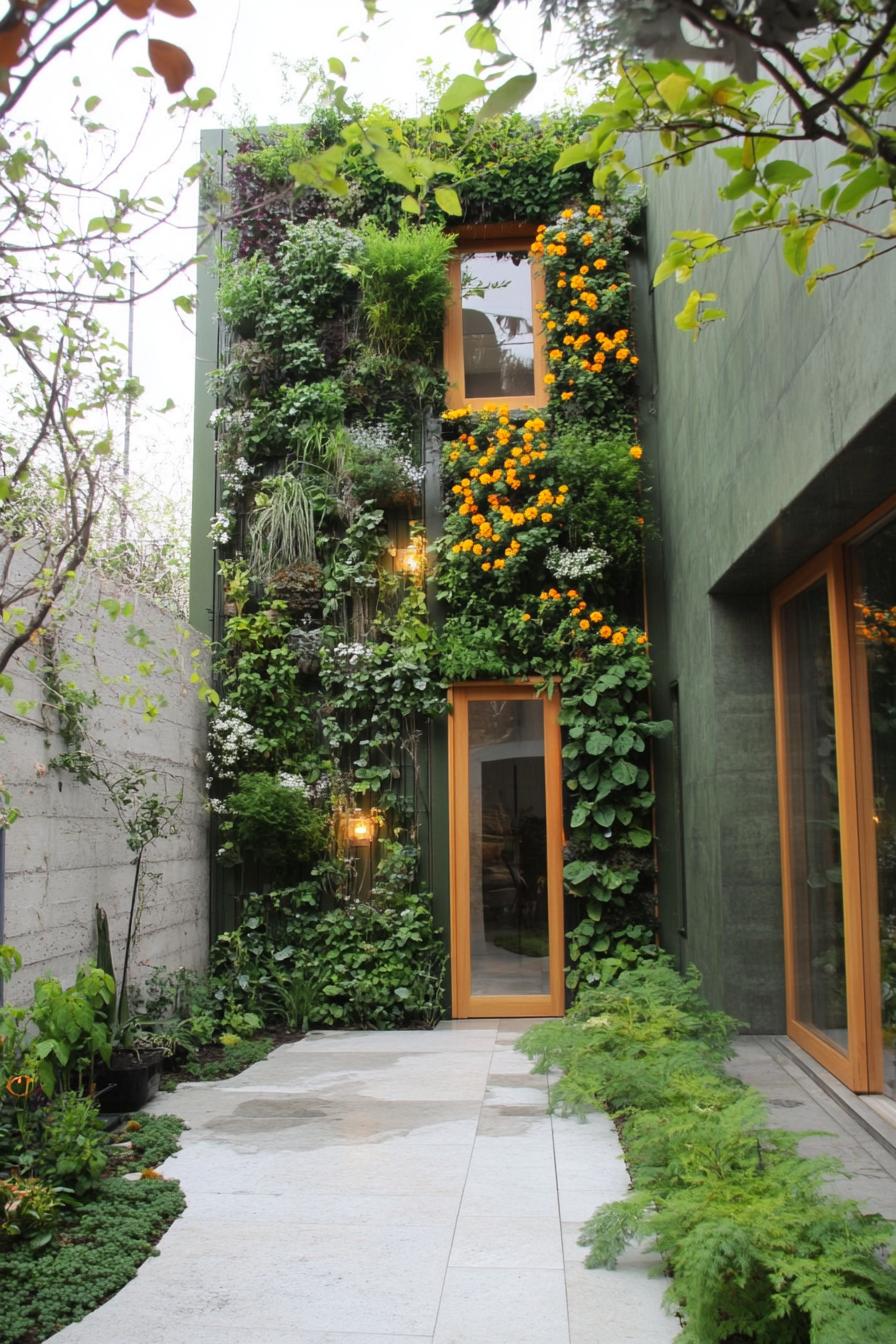 modern sage green cladded house courtyard with vertical herb garden 1