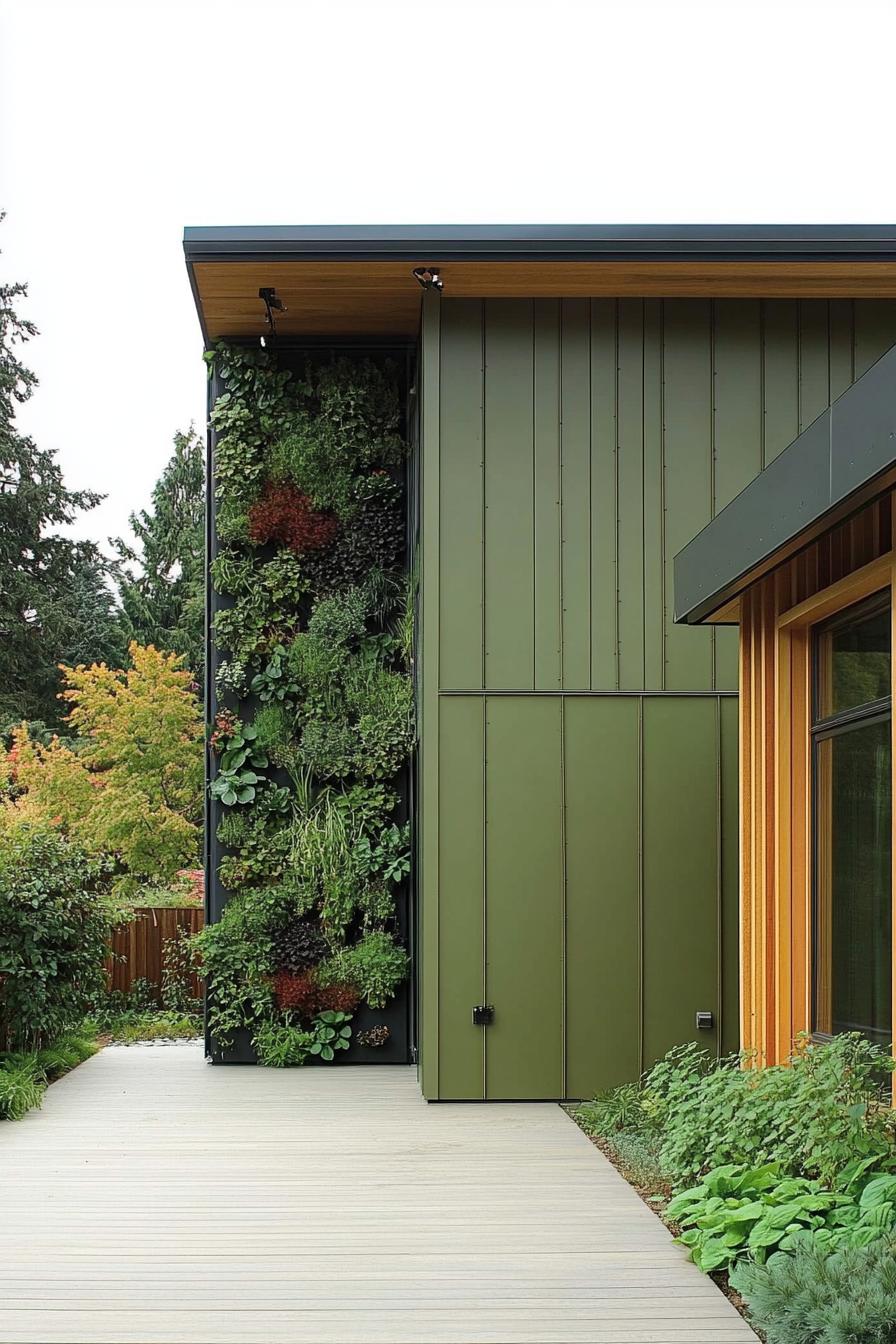 modern sage green cladded house courtyard with vertical herb garden 2