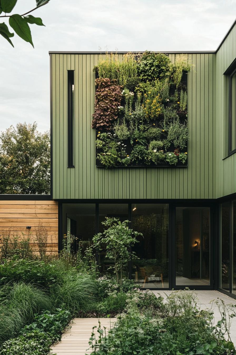 modern sage green cladded house courtyard with vertical herb garden 3