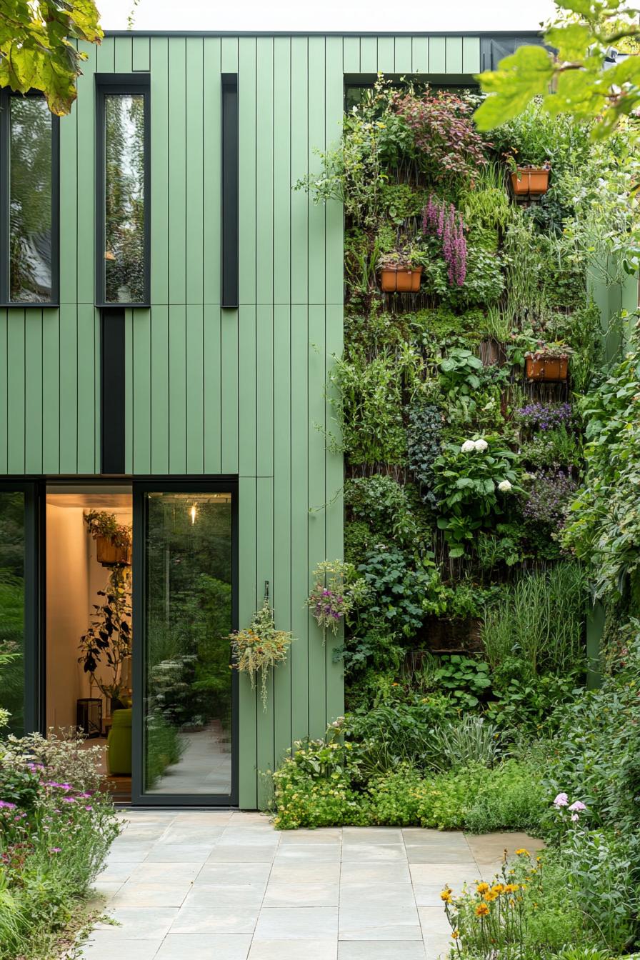 modern sage green cladded house courtyard with vertical herb garden