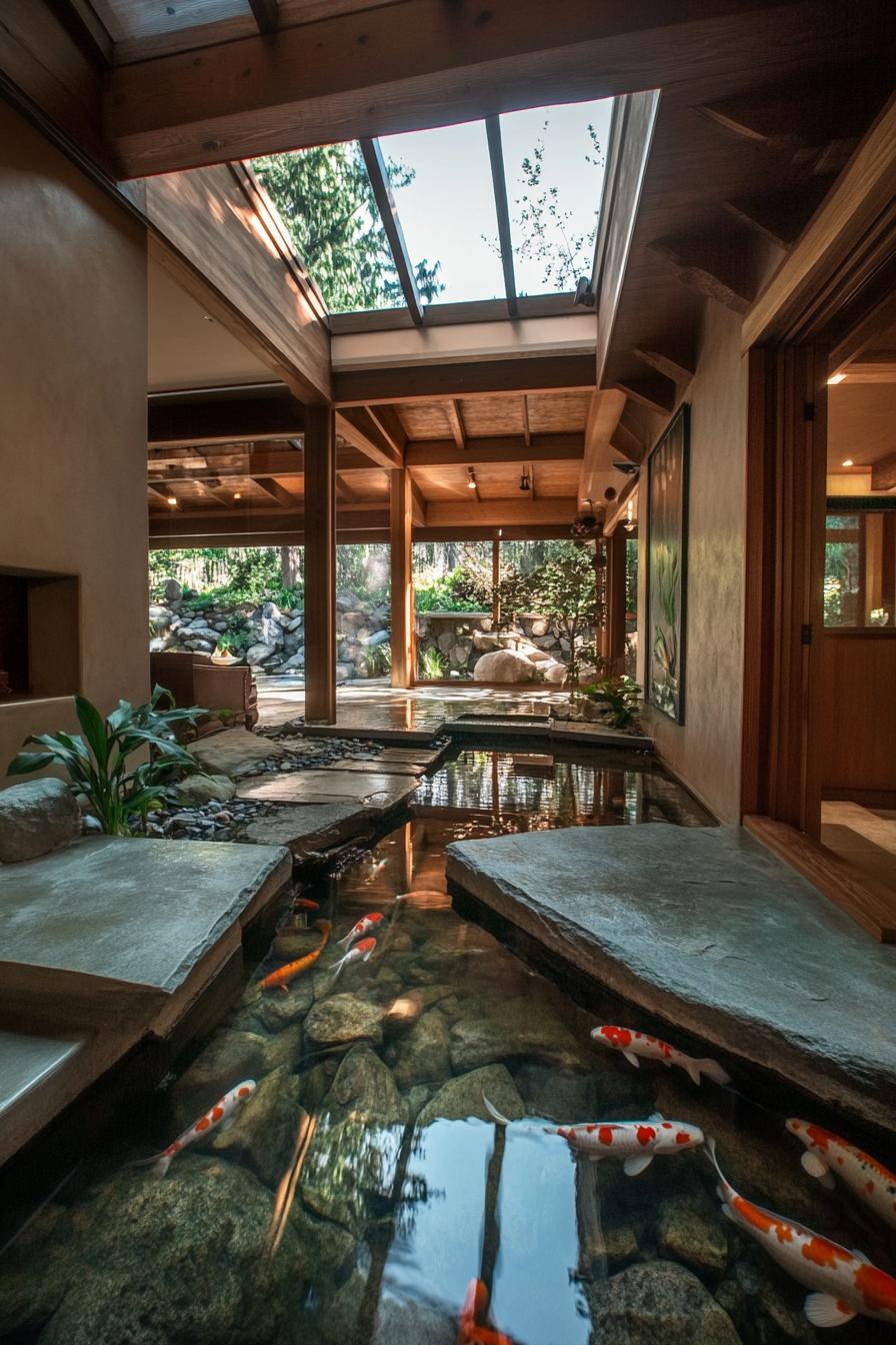 modern unique japanese style zen home with indoor koi pond atrium with a bridge 1