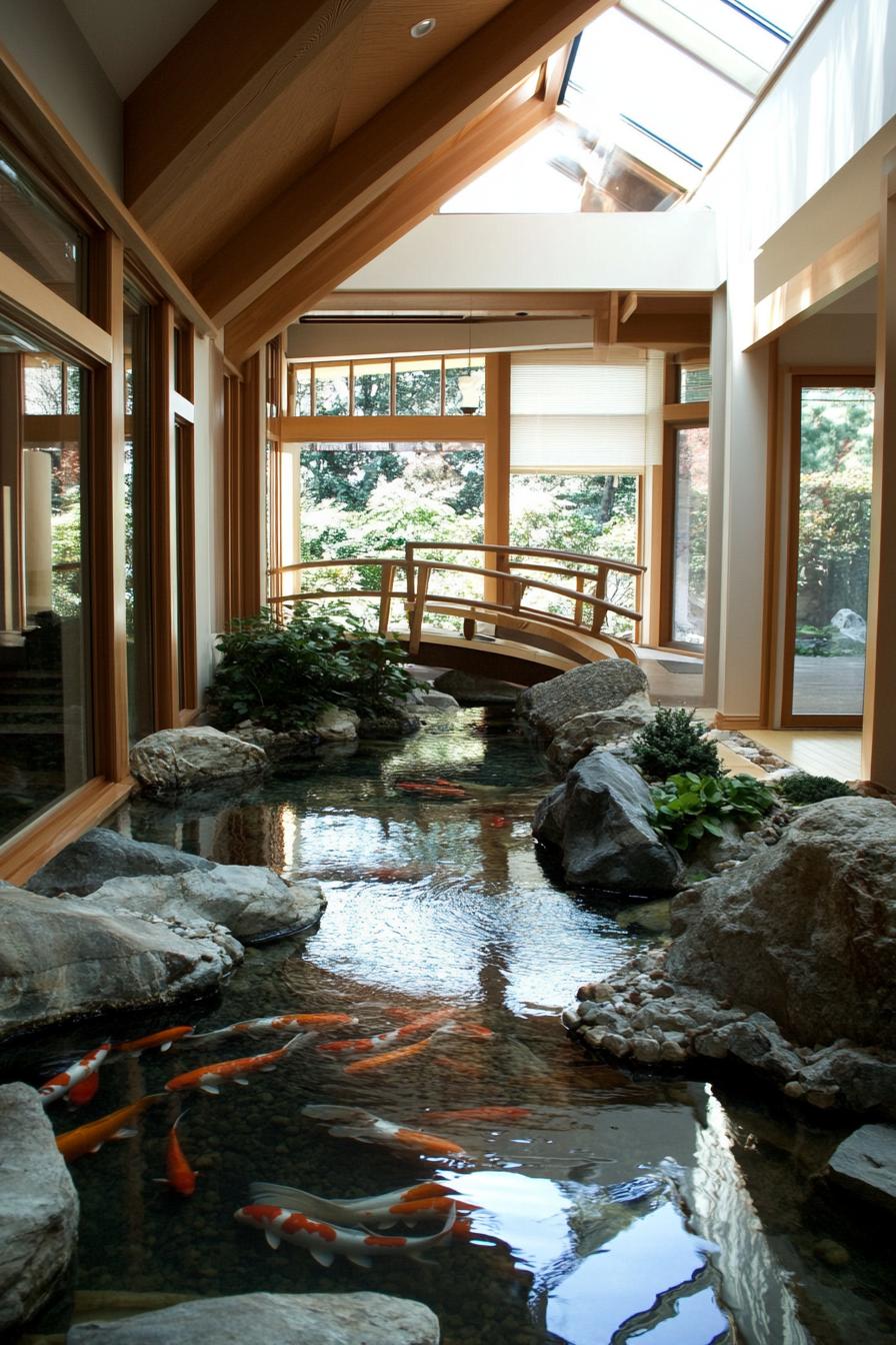 modern unique japanese style zen home with indoor koi pond atrium with a bridge 2