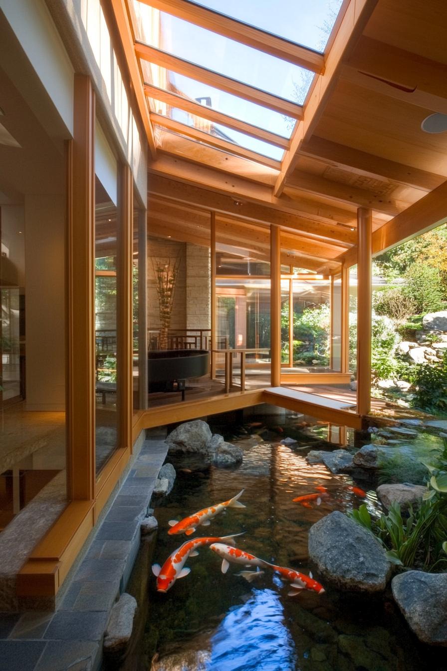 modern unique japanese style zen home with indoor koi pond atrium with a bridge 3