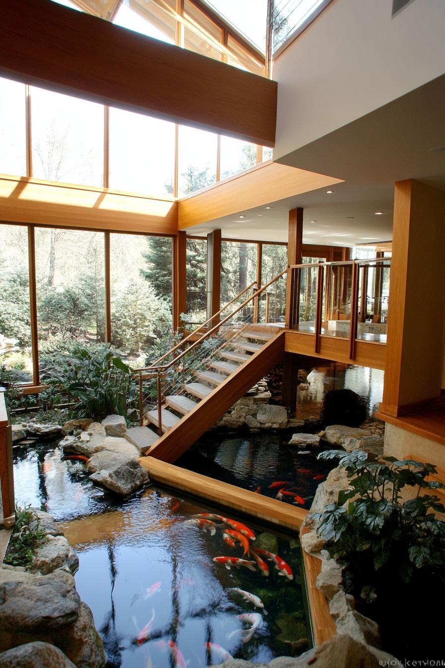 modern unique japanese style zen home with indoor koi pond atrium with a bridge