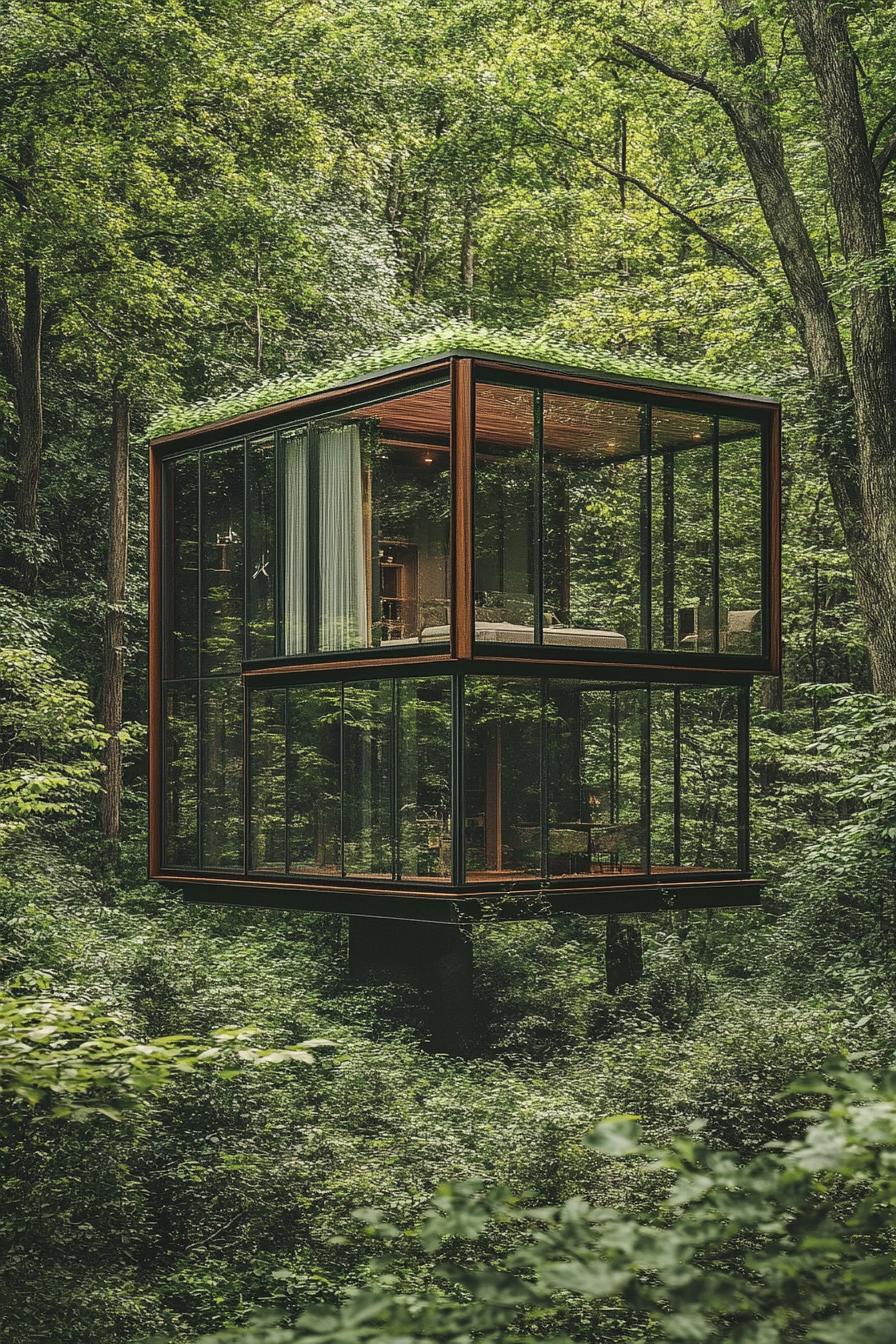 prefab tiny glass cube house in a lush forest 1