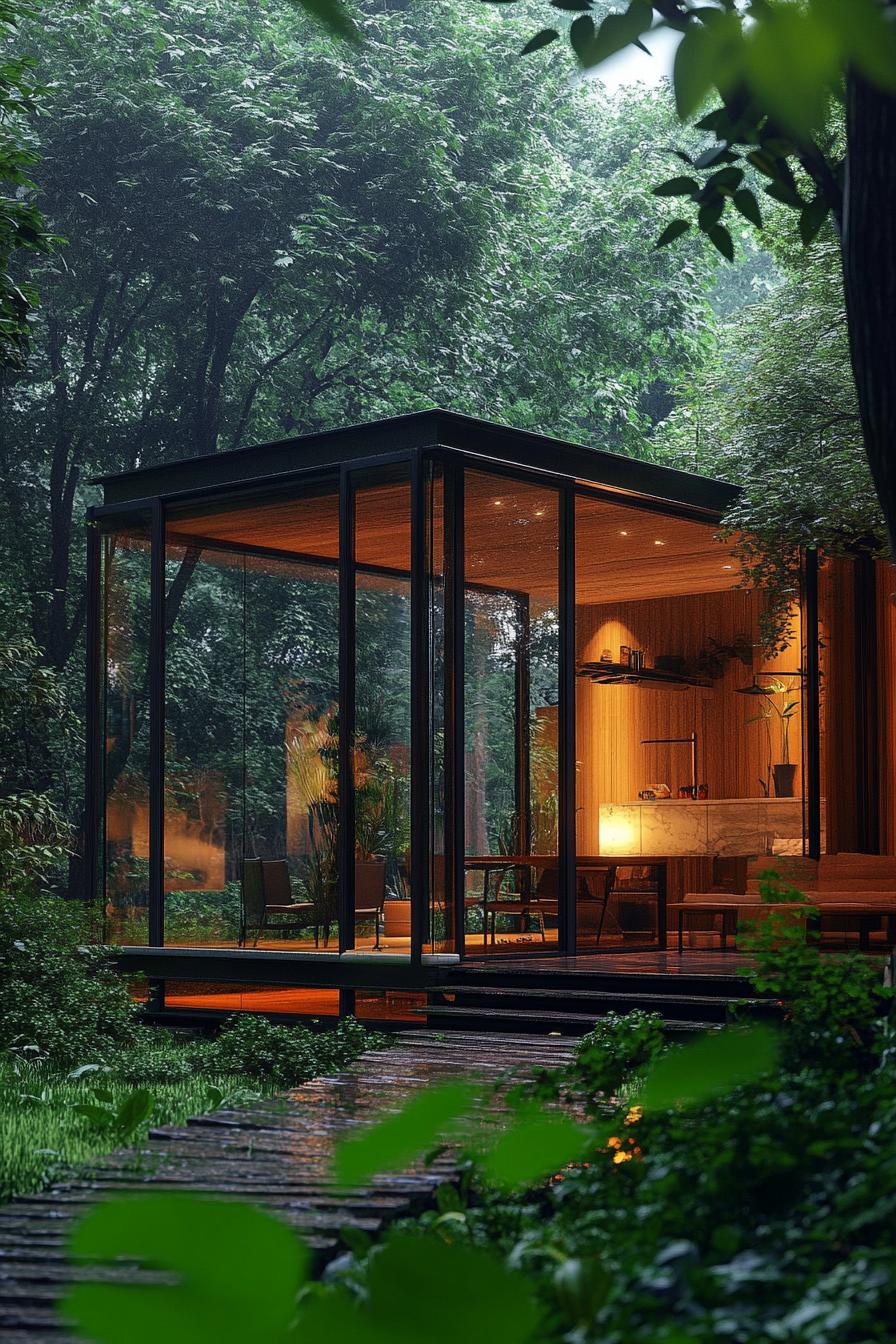 prefab tiny glass cube house in a lush forest 2