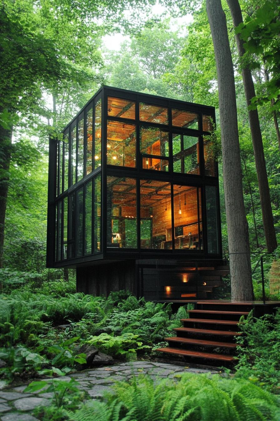 prefab tiny glass cube house in a lush forest 3