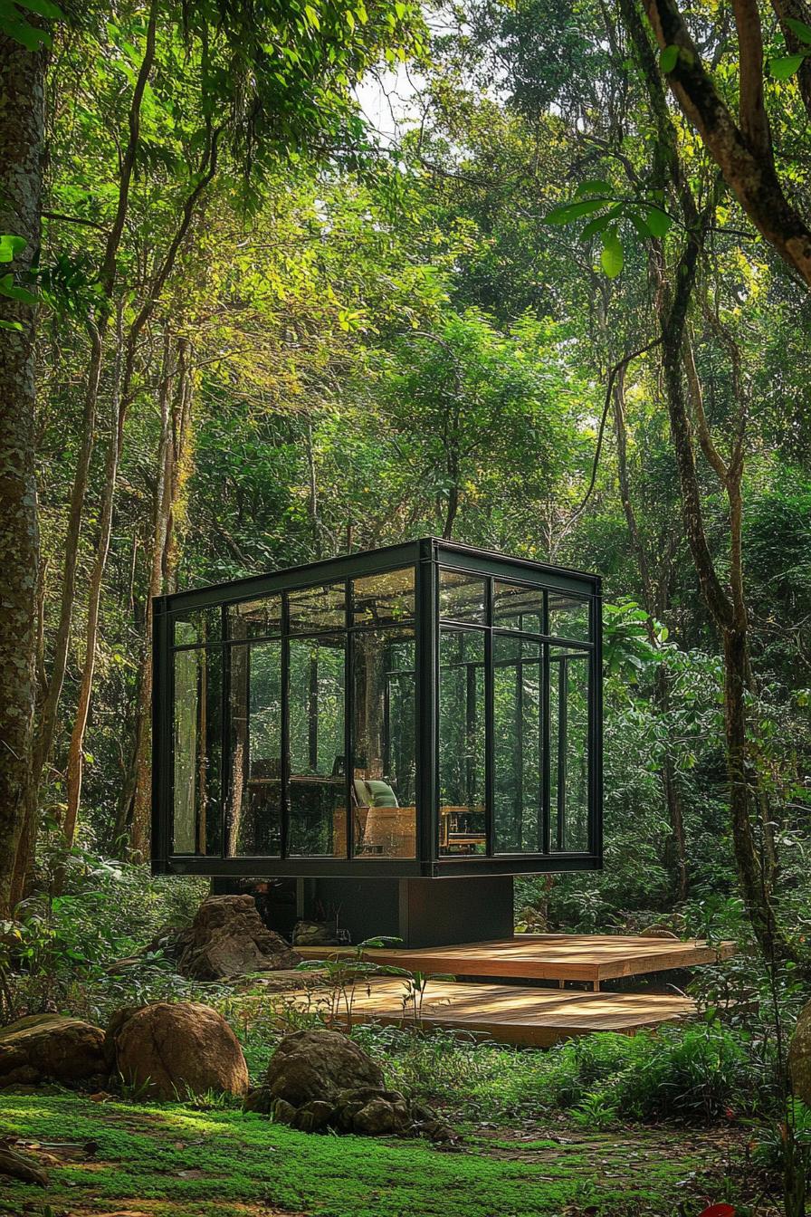 prefab tiny glass cube house in a lush forest