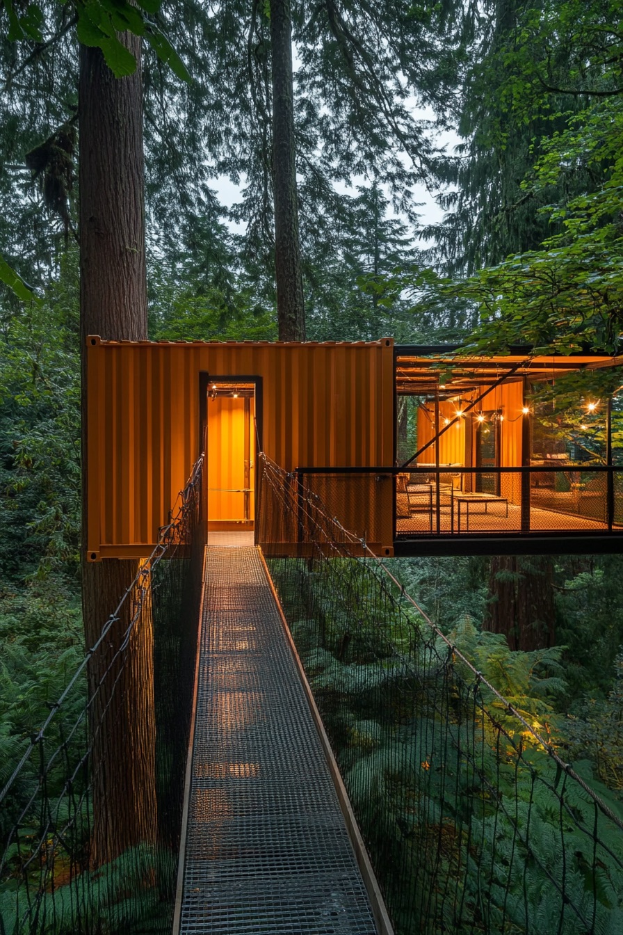 shipping container tree cabin suspended bridge 1