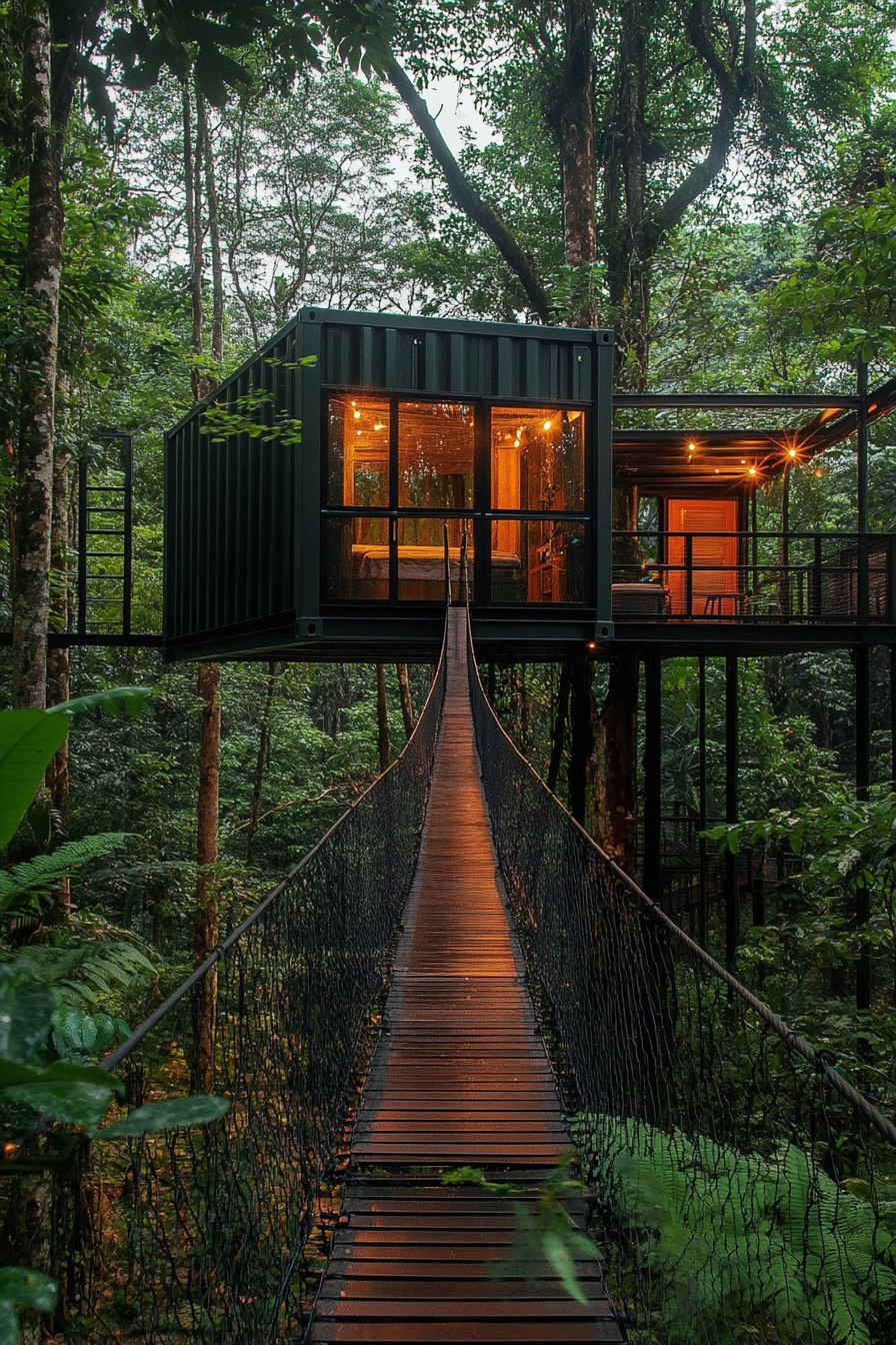 shipping container tree cabin suspended bridge 2