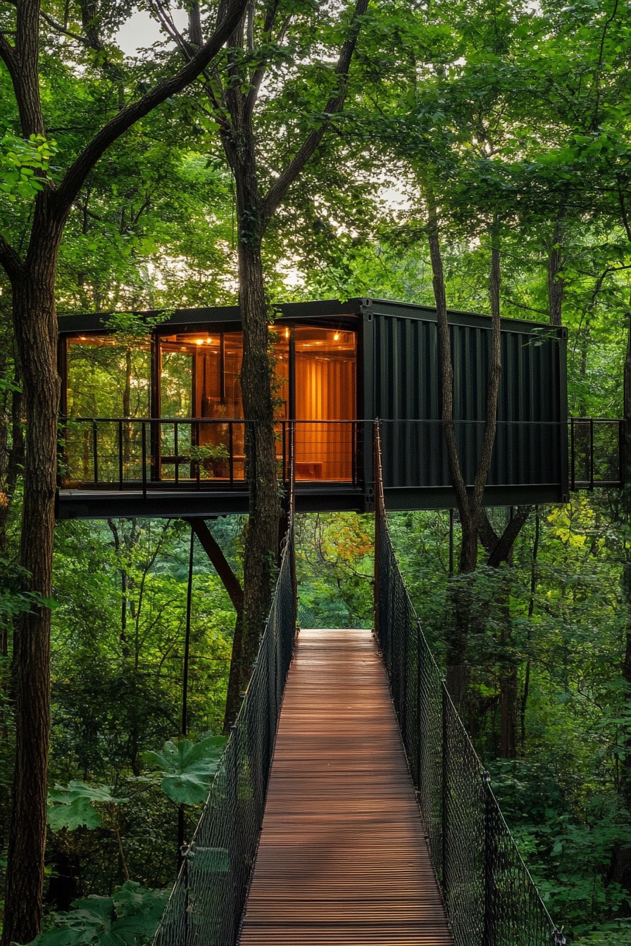 shipping container tree cabin suspended bridge 3