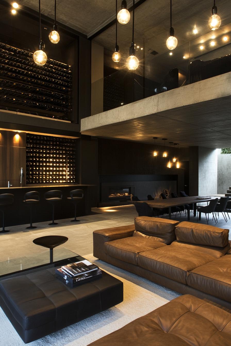 stunning modern mansion with large winw cellar and a lounge area with leather furniture 2