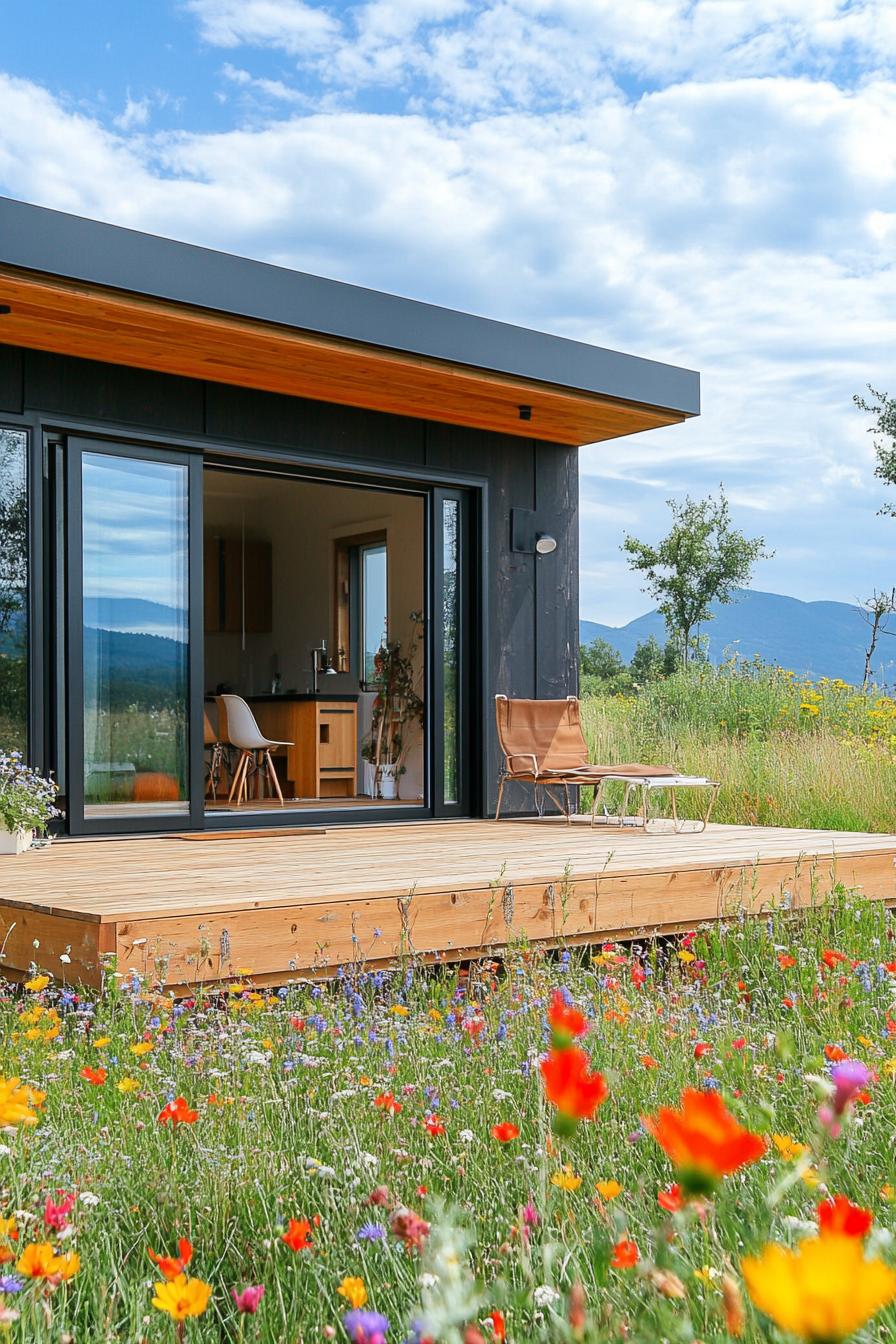 tiny mid century modern house with deck and glass doors wildflower meadows in the background 1