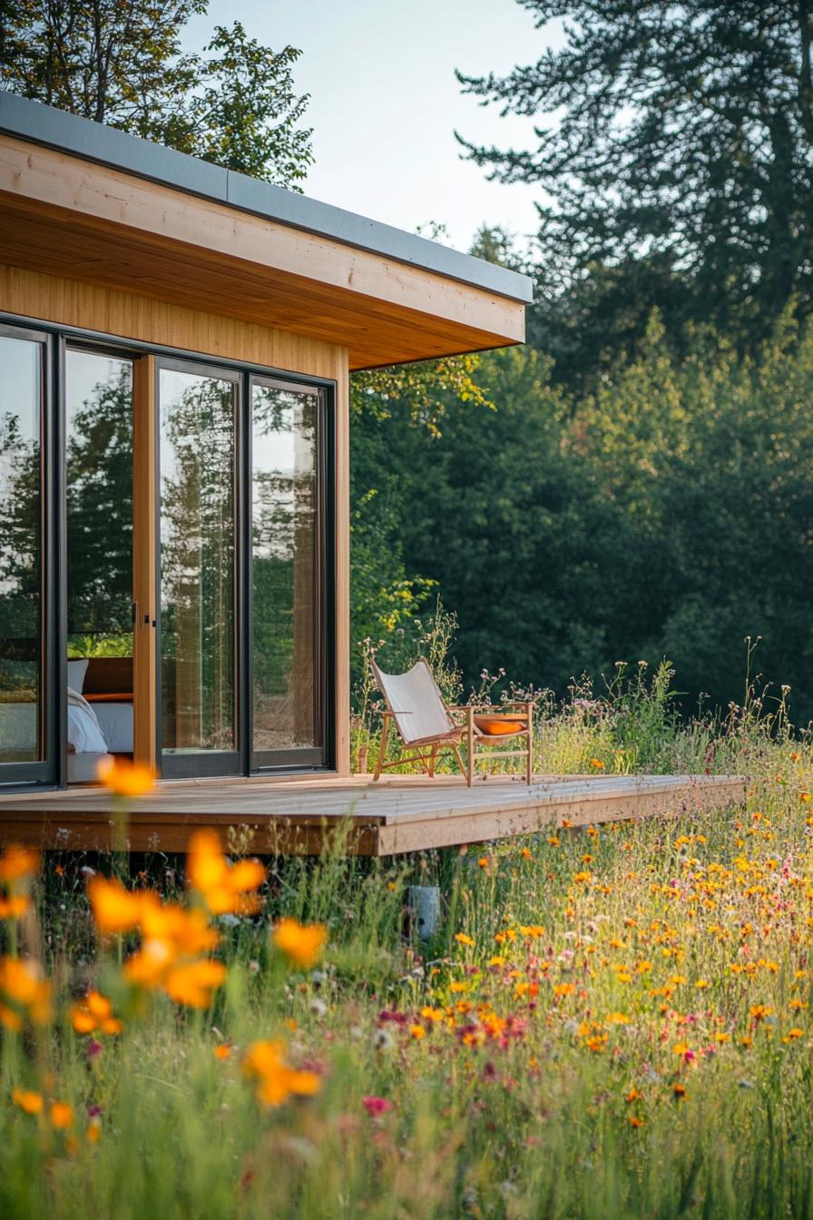 tiny mid century modern house with deck and glass doors wildflower meadows in the background 2