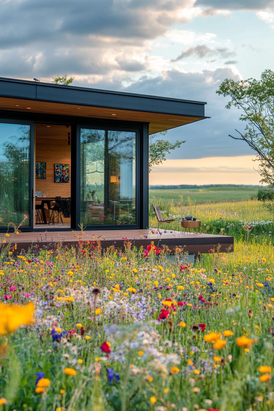 tiny mid century modern house with deck and glass doors wildflower meadows in the background 3