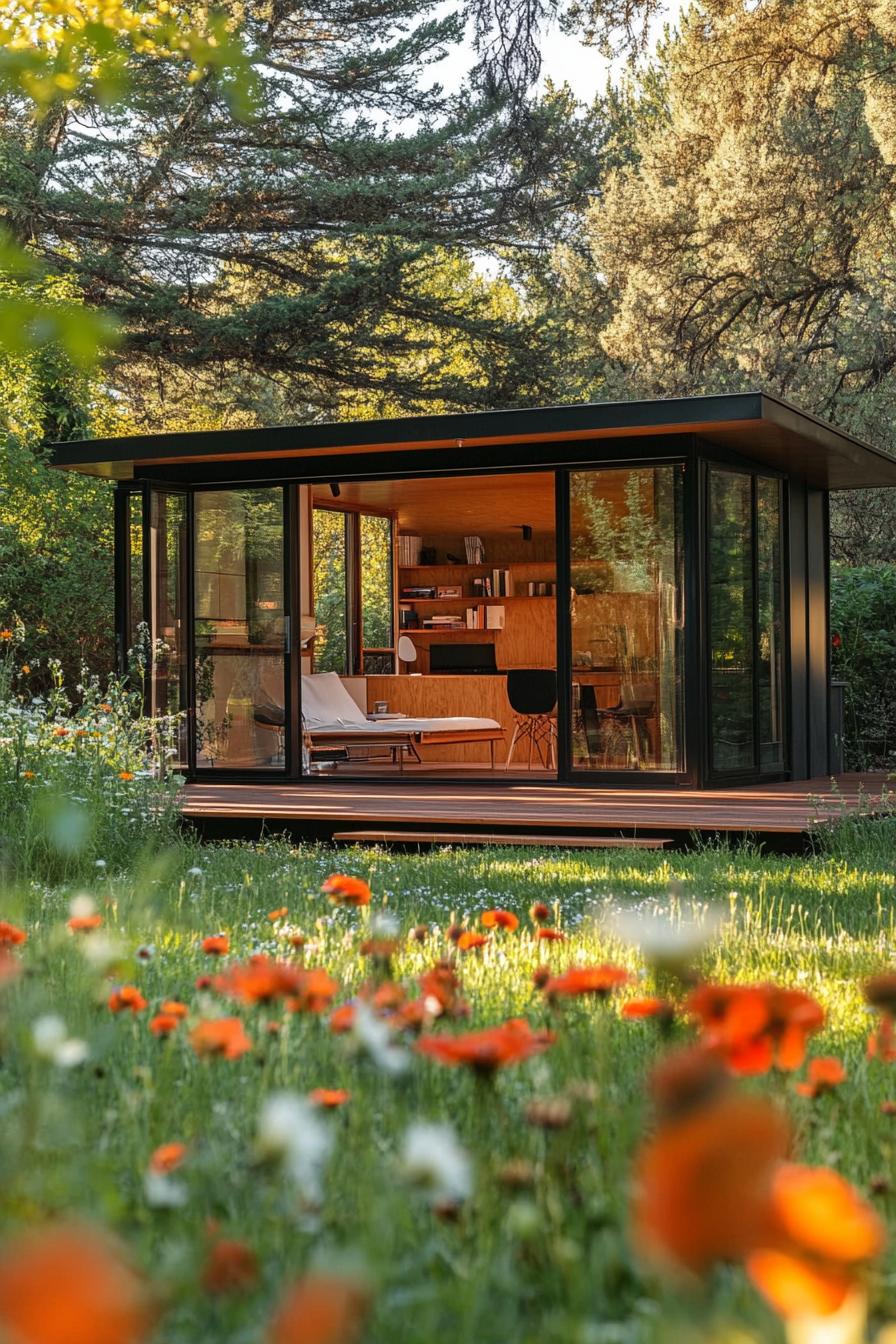 tiny mid century modern house with deck and glass doors wildflower meadows in the background