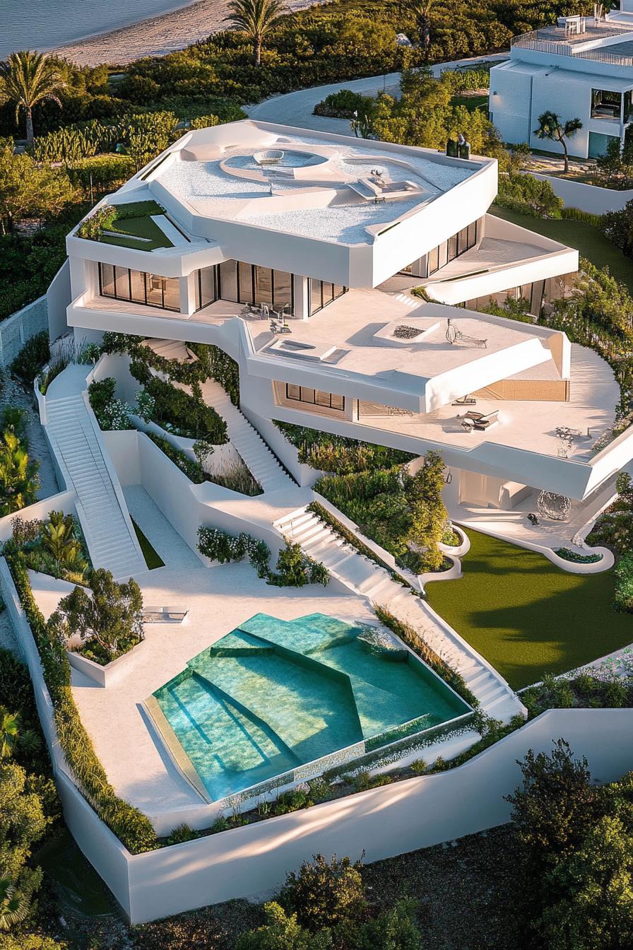 unique modern minimalist geometric mansion with pools and gardens near above view 2