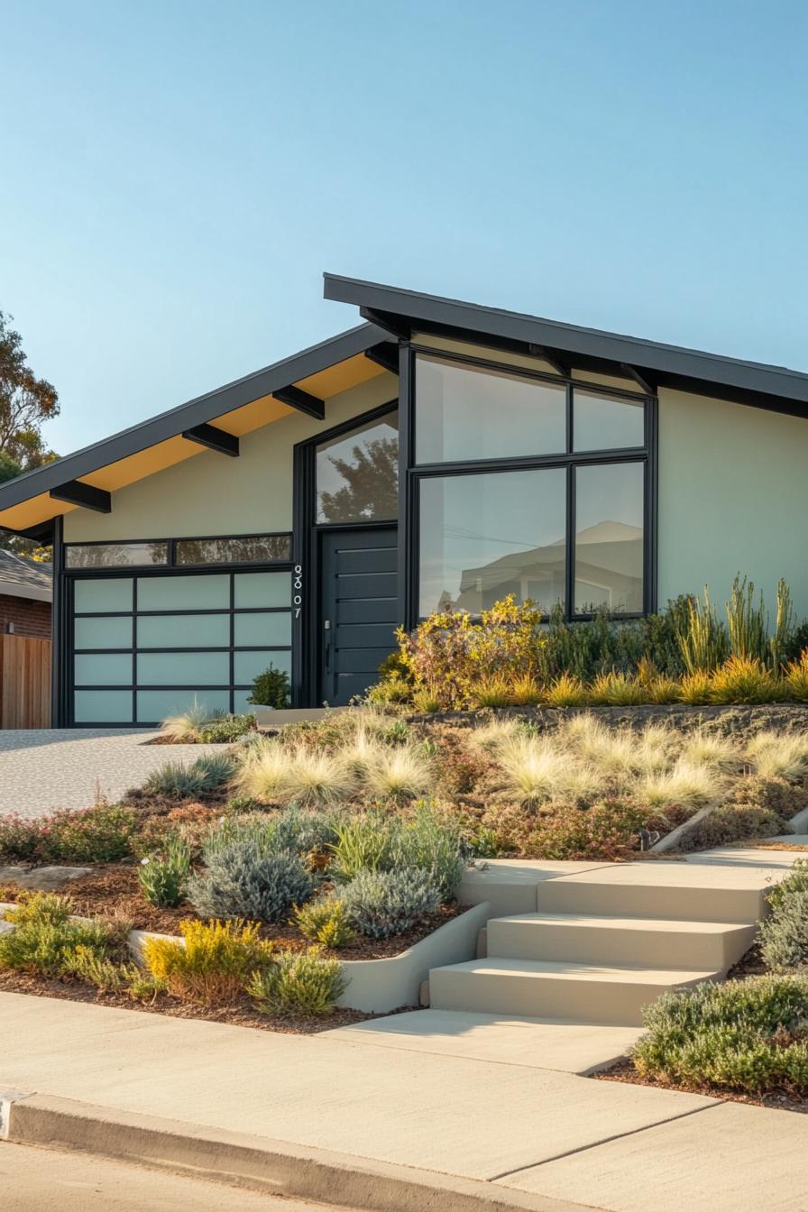 80s house symmetrical facade modern makover extrior walls pated in pastel paint traditional front yard 2