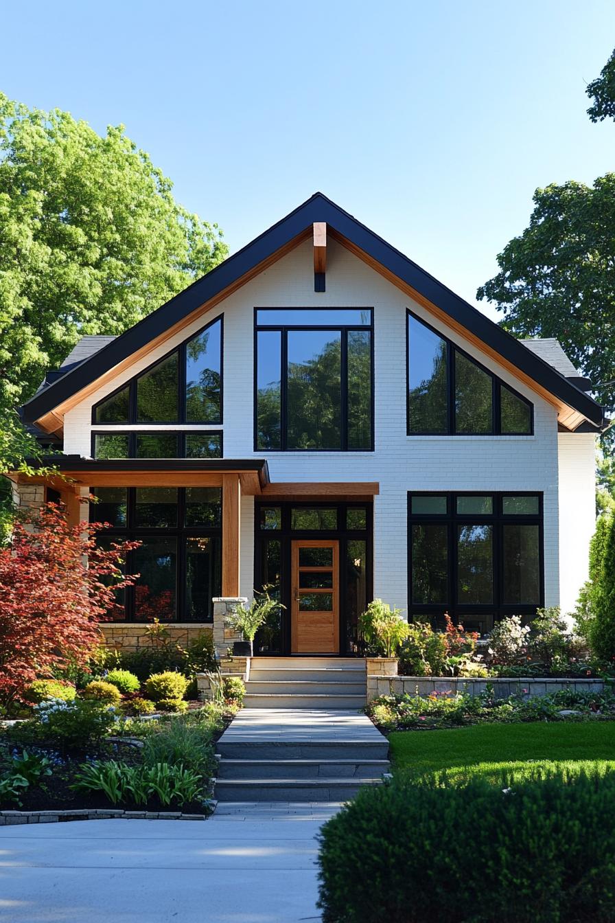 80s house symmetrical facade modern makover extrior walls pated in pastel paint traditional front yard