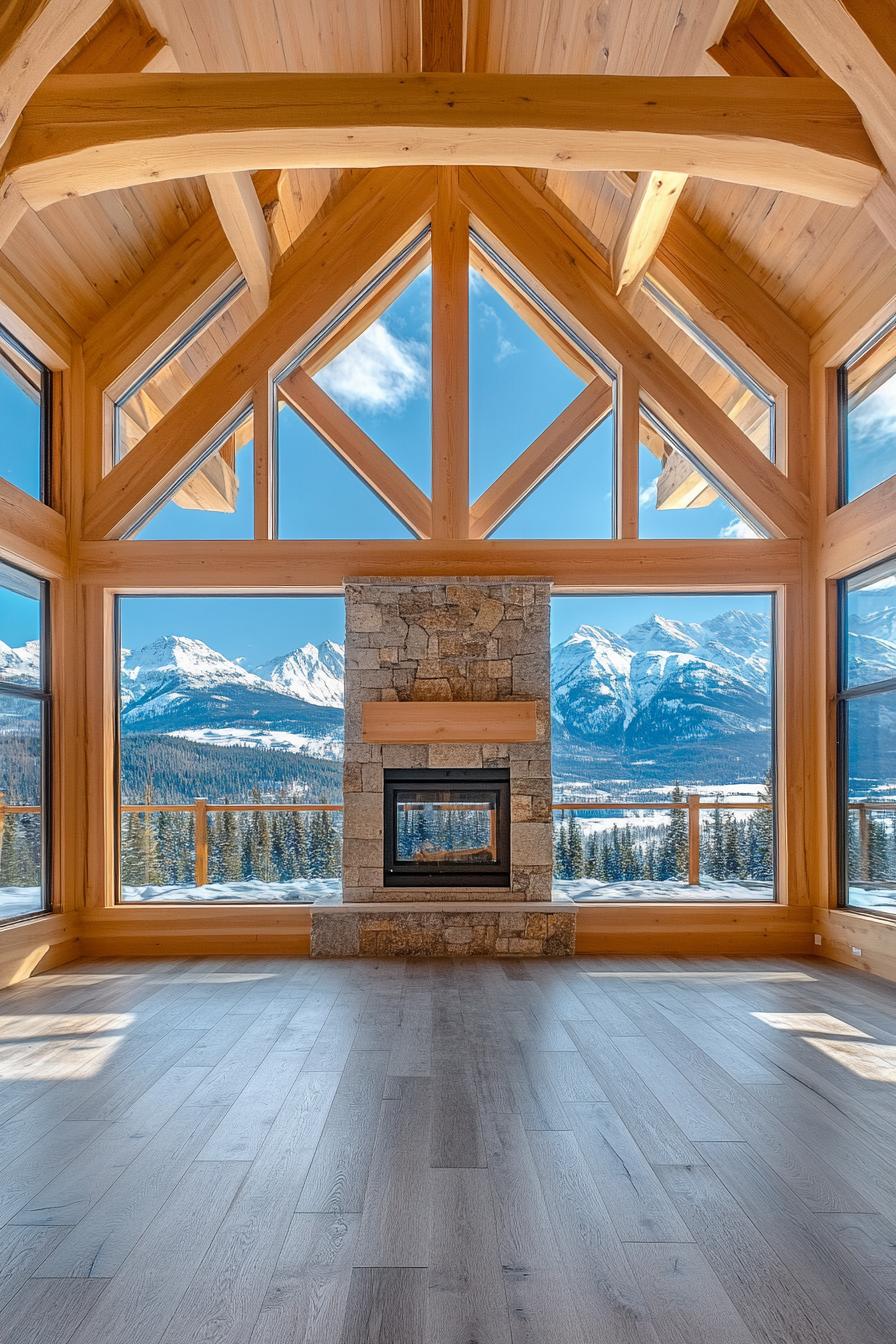 Modern Timber Frame Home With a Central Stone Fireplace and Open plan Design stunning winter mountain view through the windows 1