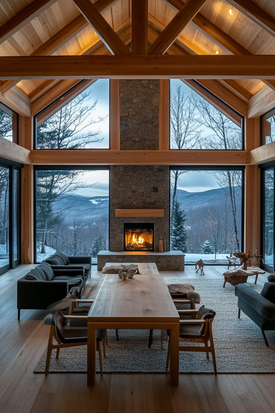 Modern Timber Frame Home With a Central Stone Fireplace and Open plan Design stunning winter mountain view through the windows 2