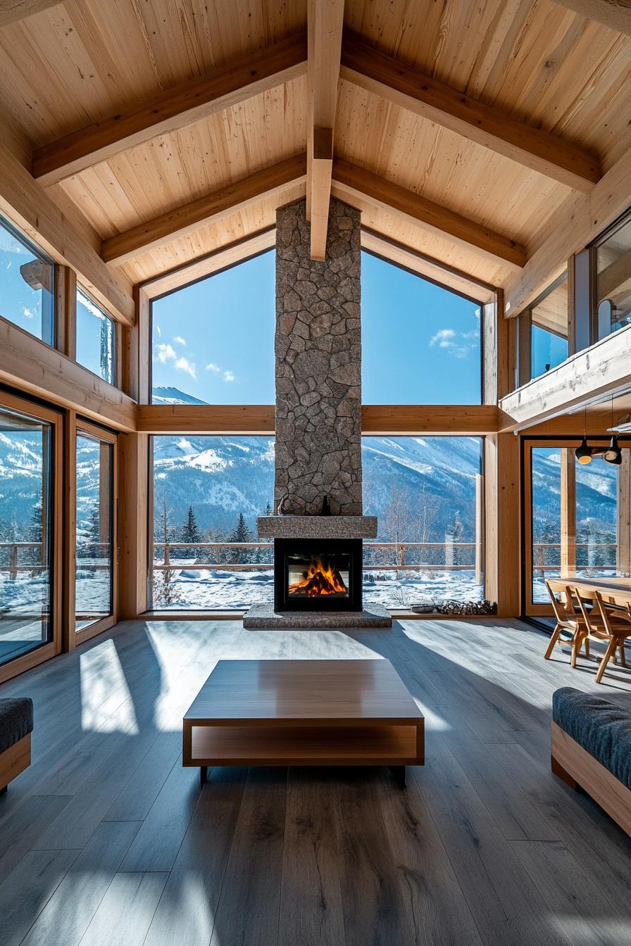 Modern Timber Frame Home With a Central Stone Fireplace and Open plan Design stunning winter mountain view through the windows 3