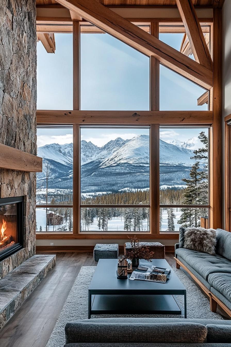 Modern Timber Frame Home With a Central Stone Fireplace and Open plan Design stunning winter mountain view through the windows