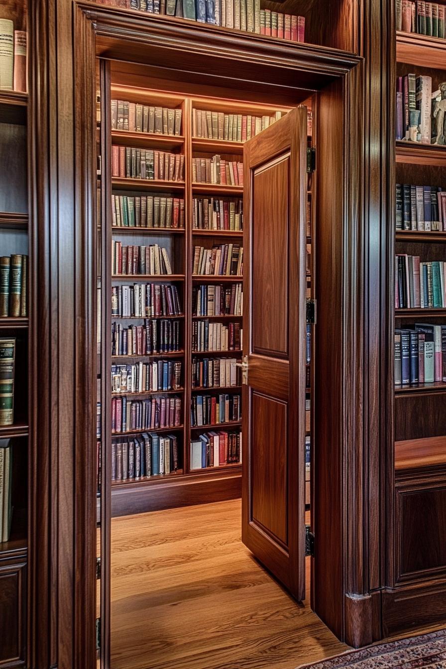 bookcase door leading to a library in a modern mansion 1