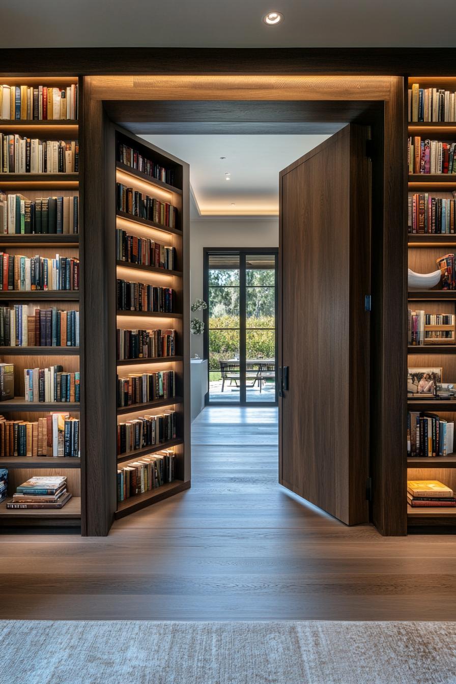 bookcase door leading to a library in a modern mansion 2