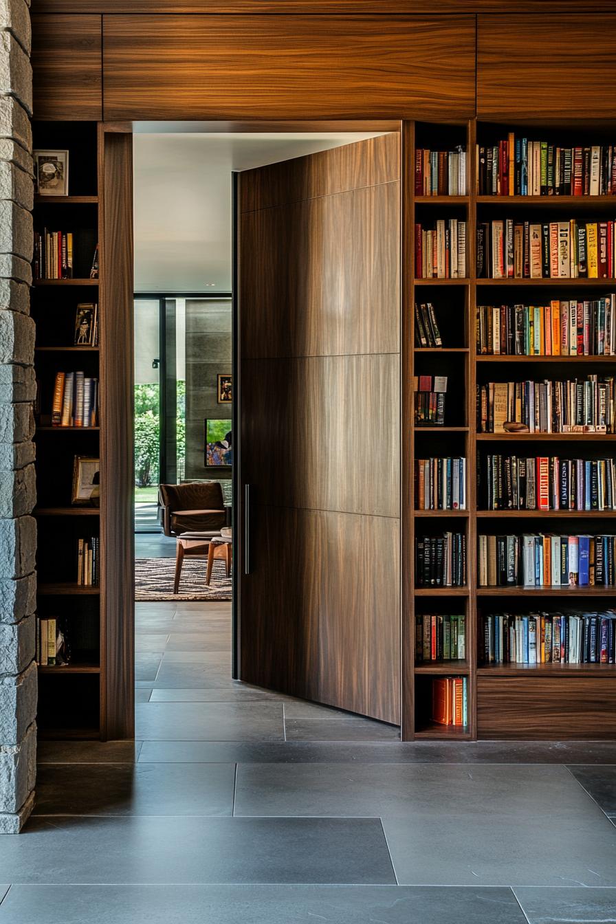 bookcase door leading to a library in a modern mansion 3