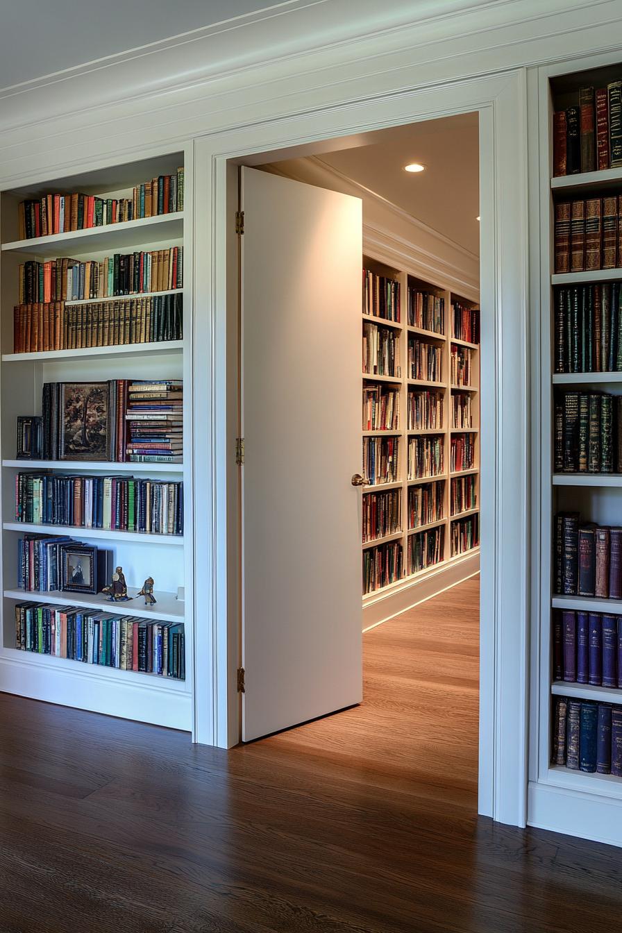 bookcase door leading to a library in a modern mansion