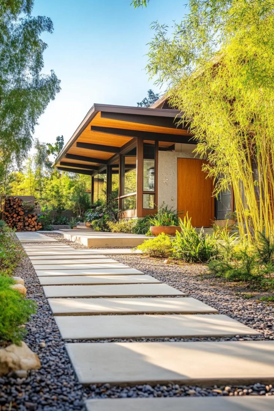 craftsman style mid century modern house front yard with simple geometric pathways and bamboo plants 1