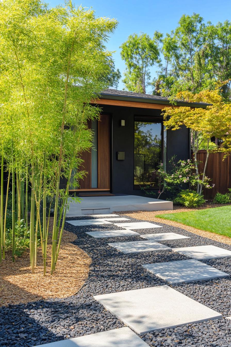 craftsman style mid century modern house front yard with simple geometric pathways and bamboo plants 3