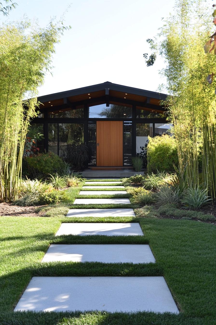 craftsman style mid century modern house front yard with simple geometric pathways and bamboo plants