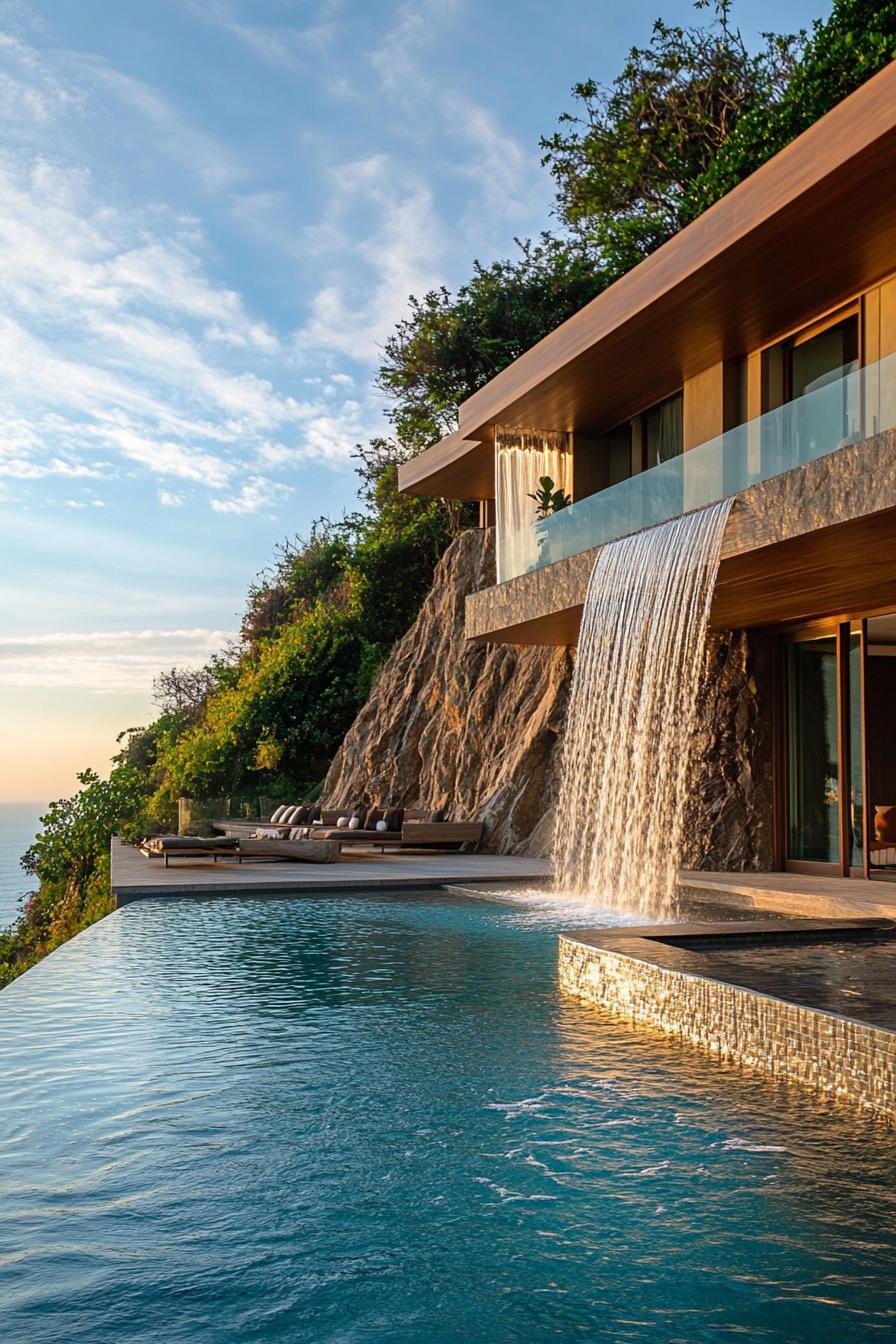 earth sheltered modern house facade built into hillside with pool with cascading waterfall overlooking a beatiful ocean 1