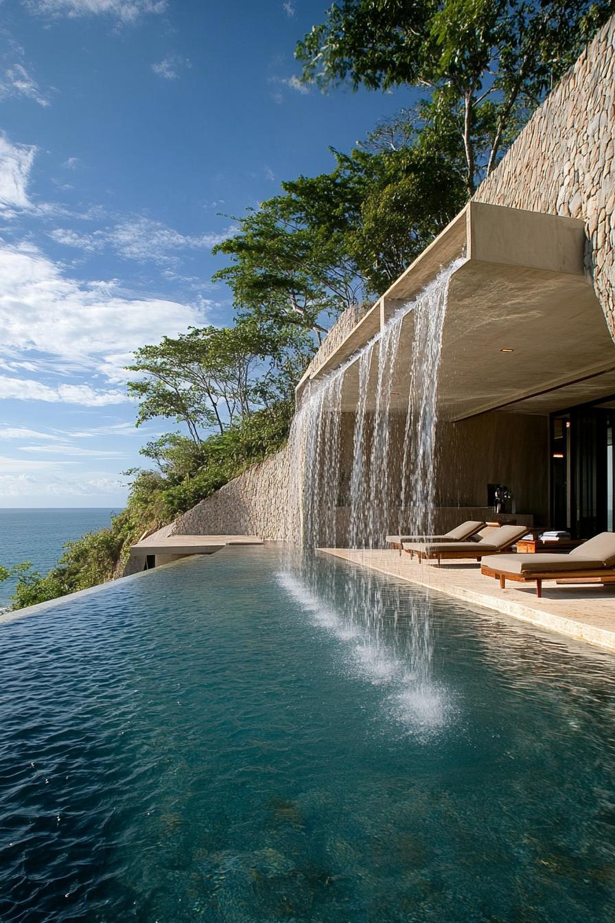 earth sheltered modern house facade built into hillside with pool with cascading waterfall overlooking a beatiful ocean