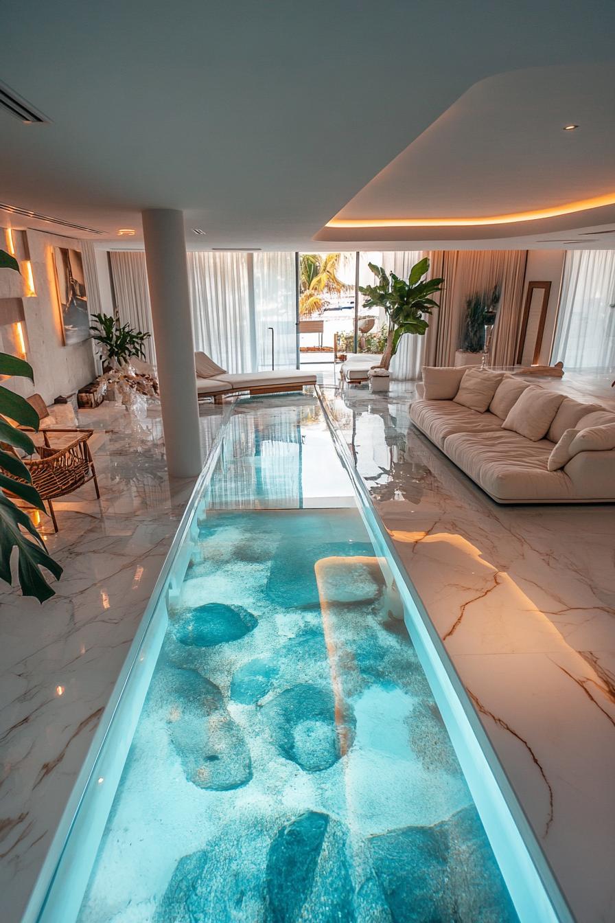 floating luxury villa interior with glass floors