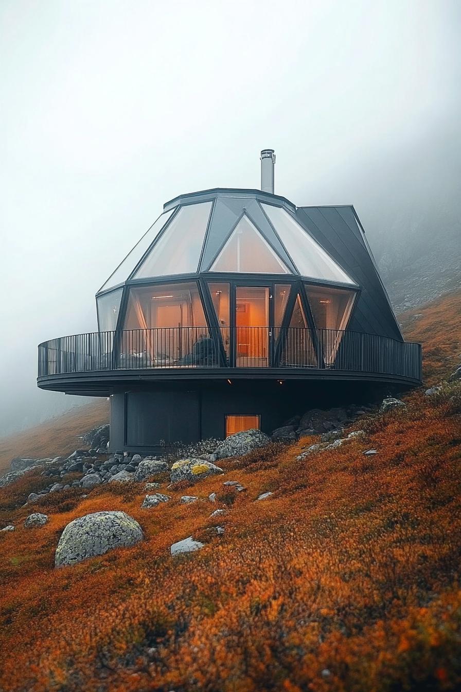 futuristic glass and metal yurt house in misty Nordic mountains 1