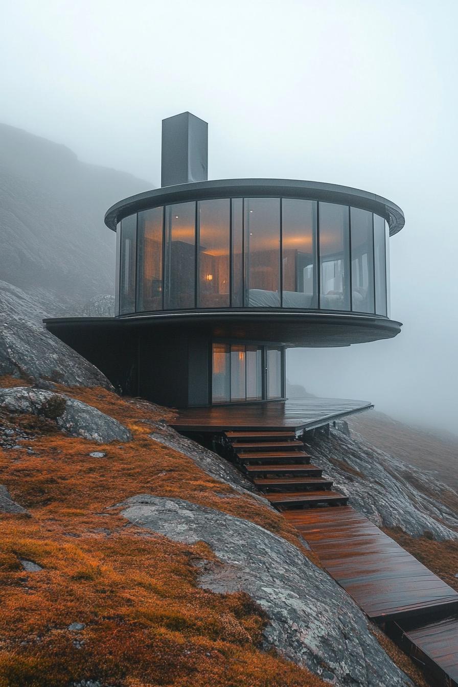 futuristic glass and metal yurt house in misty Nordic mountains 2