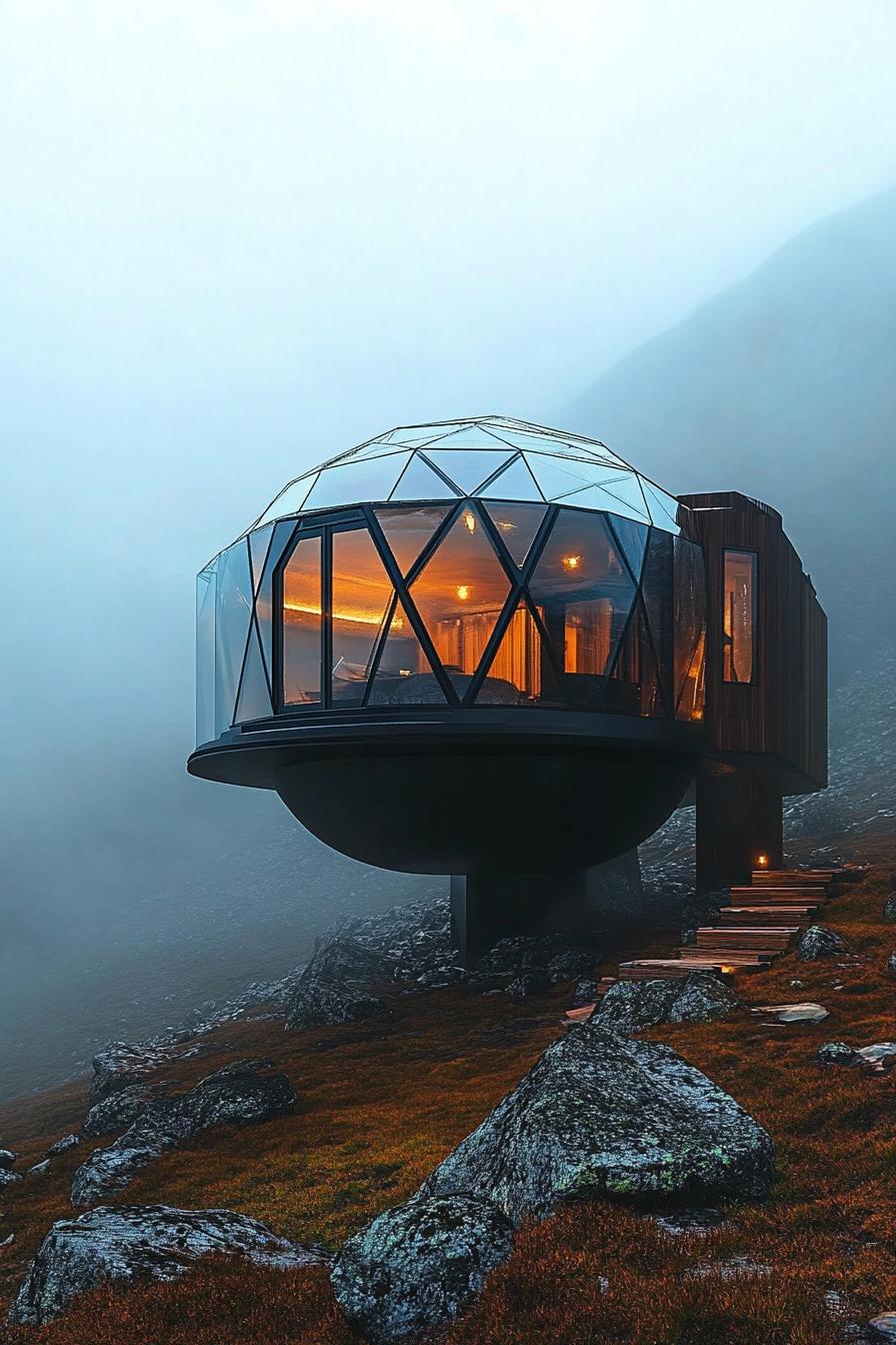 futuristic glass and metal yurt house in misty Nordic mountains 3