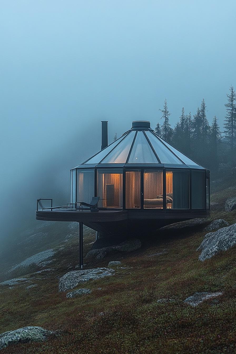 futuristic glass and metal yurt house in misty Nordic mountains