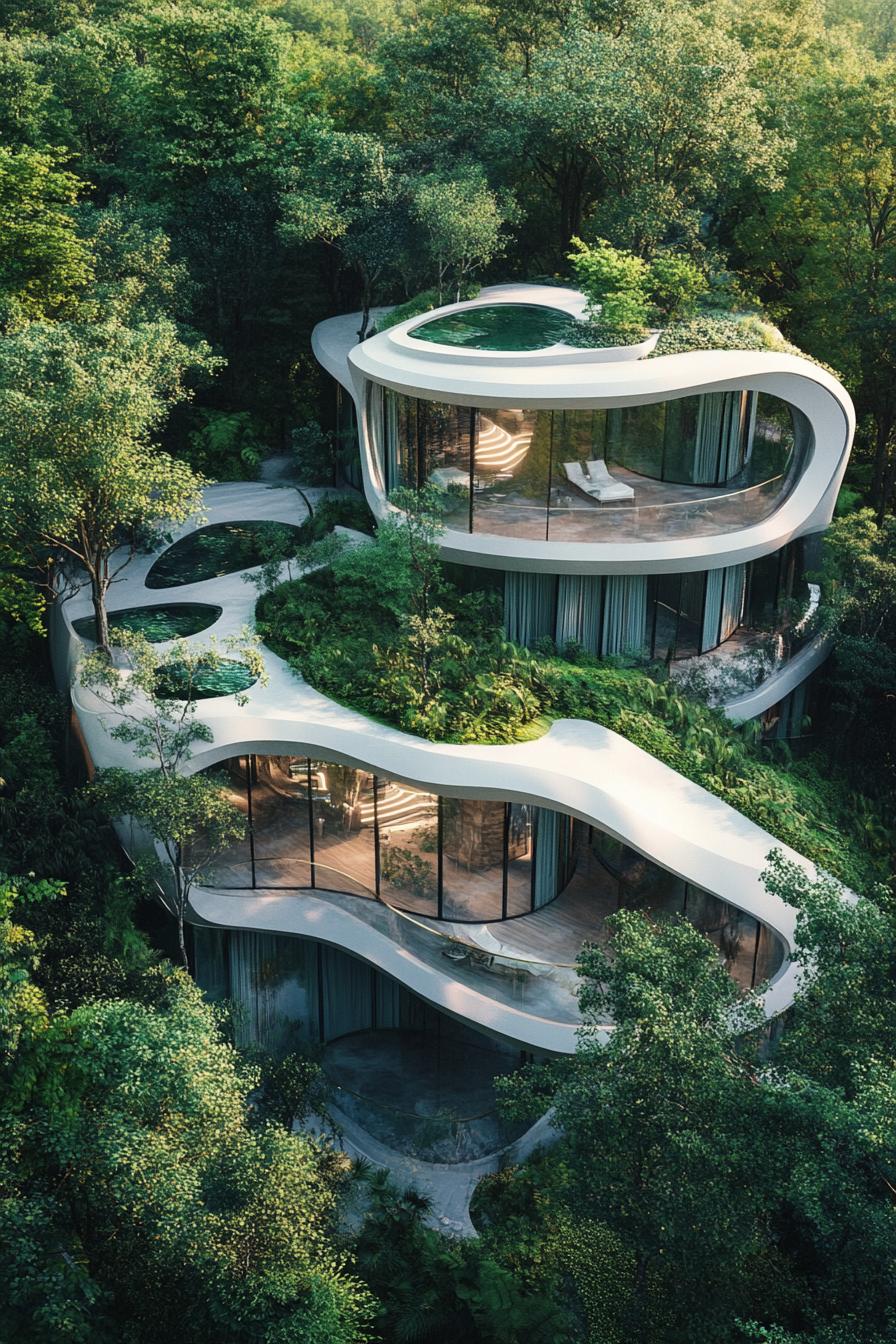 futuristic high tech mansion complex designed to blend in lush forest near above view 1