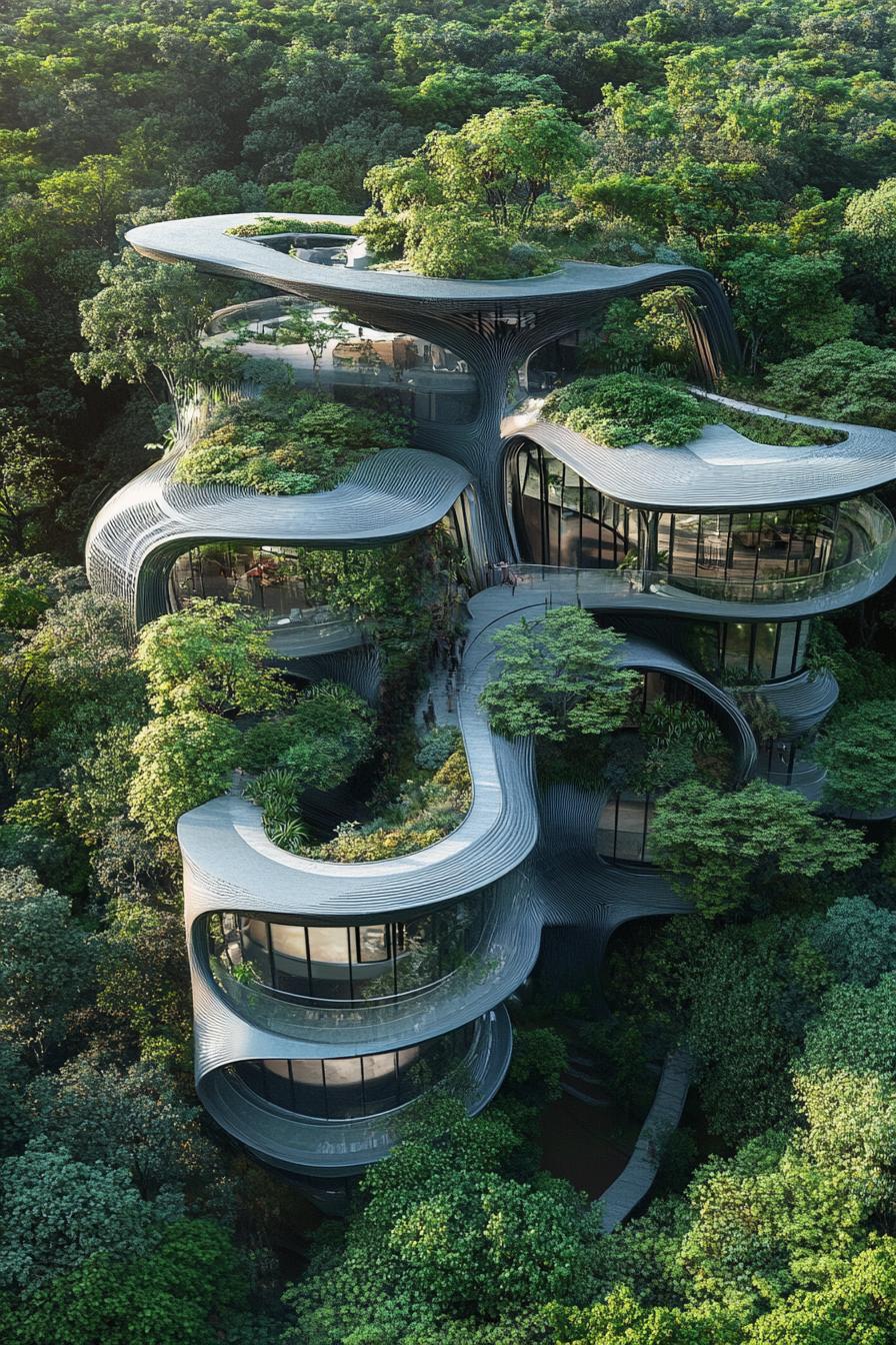 futuristic high tech mansion complex designed to blend in lush forest near above view 2