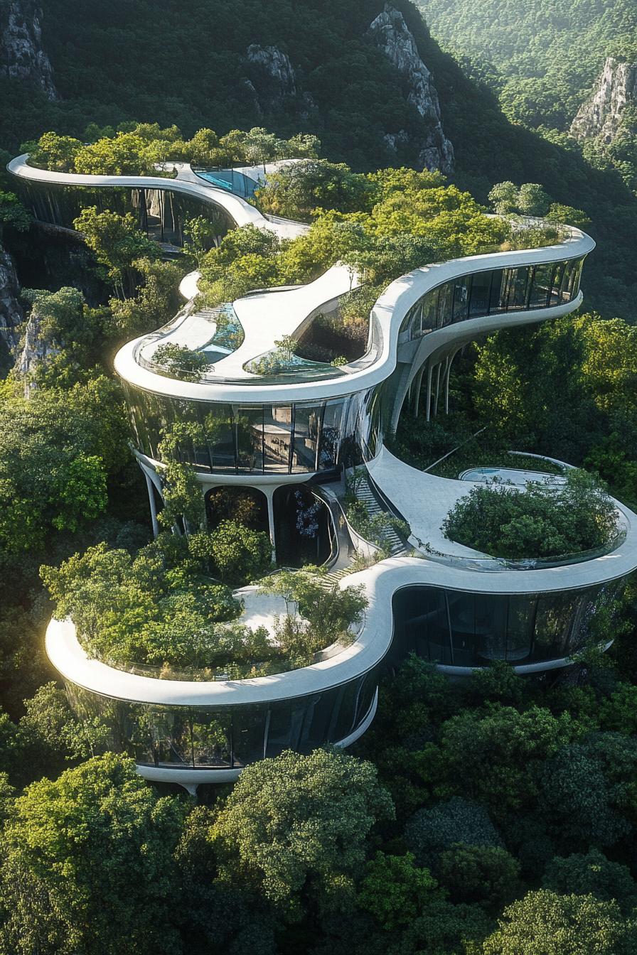 futuristic high tech mansion complex designed to blend in lush forest near above view 3