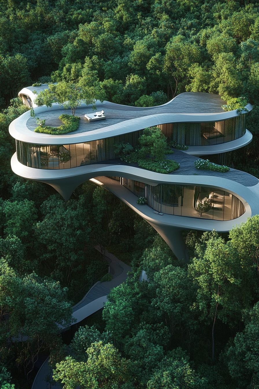 futuristic high tech mansion complex designed to blend in lush forest near above view