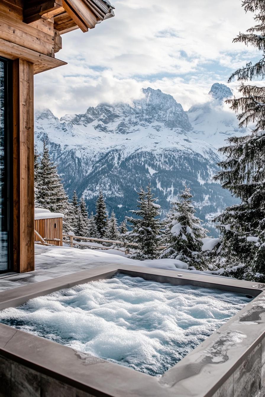 luxury apline chalet mansion with outdoor spa overlooking snowy Alps 2