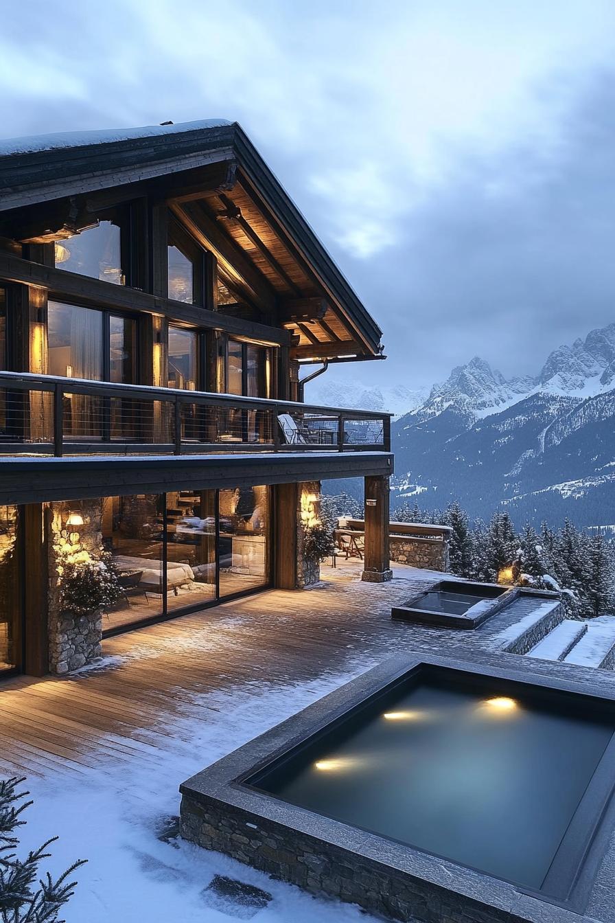 luxury apline chalet mansion with outdoor spa overlooking snowy Alps