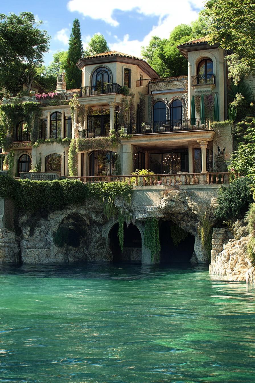 luxury manor mansions hillside lakeside with grotto lounge overlooking stunning lake with lush greenery 1