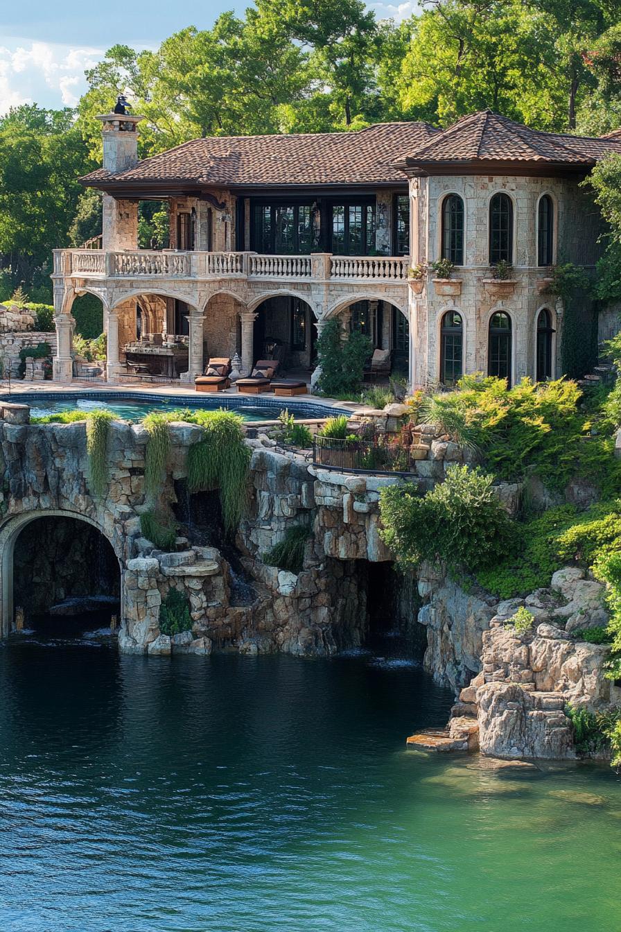 luxury manor mansions hillside lakeside with grotto lounge overlooking stunning lake with lush greenery 2